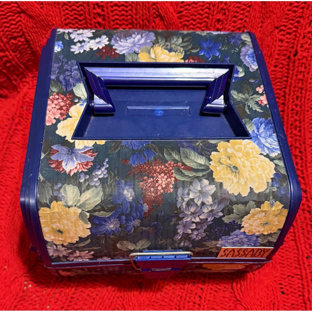 Vintage Sassaby Makeup Organizer Box Floral Navy Blue 90s Vanity Case Mirror